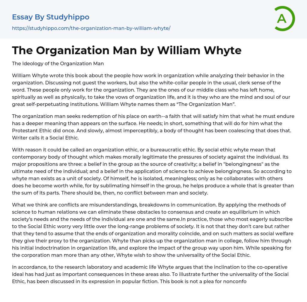 The Organization Man by William Whyte Essay Example