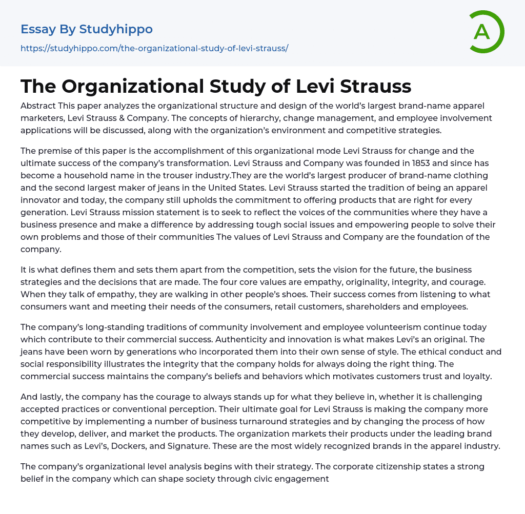 The Organizational Study of Levi Strauss Essay Example