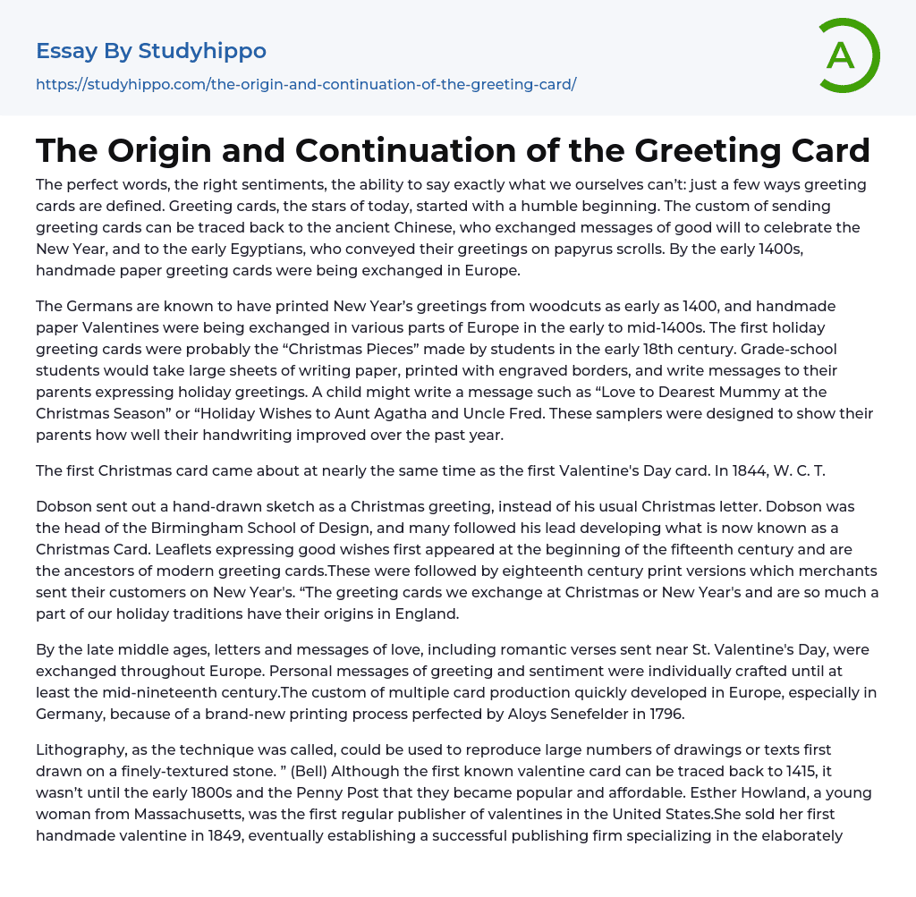 The Origin and Continuation of the Greeting Card Essay Example