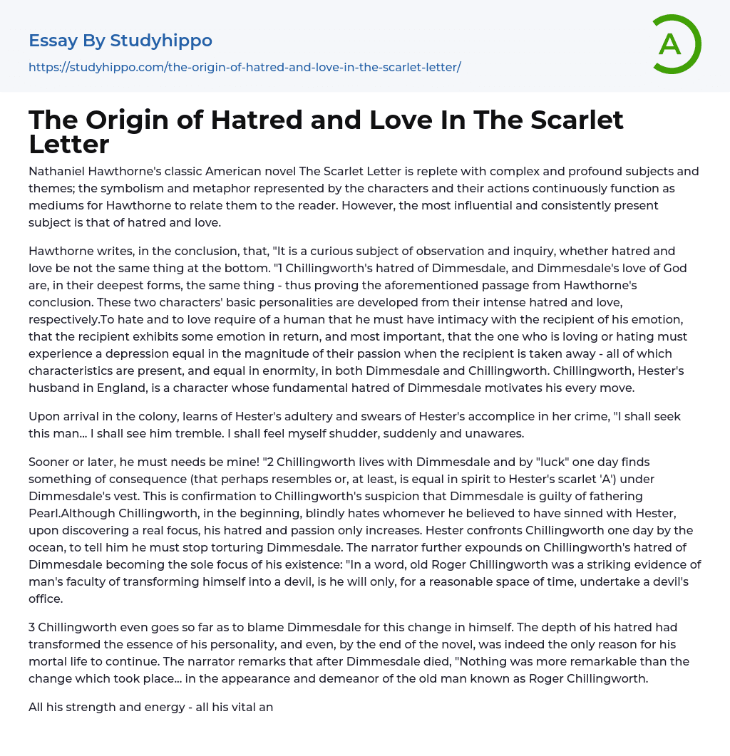 The Origin of Hatred and Love In The Scarlet Letter Essay Example