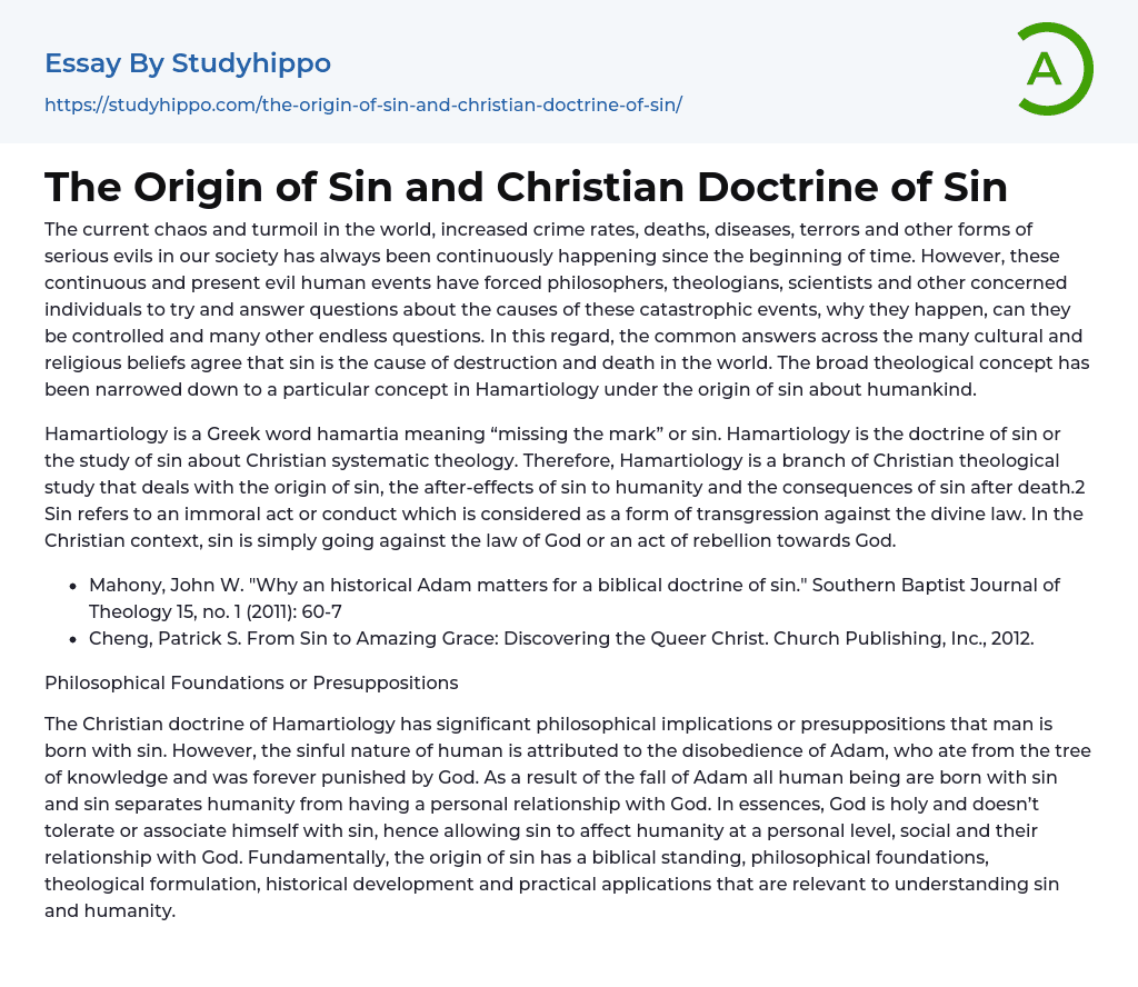 The Origin of Sin and Christian Doctrine of Sin Essay Example