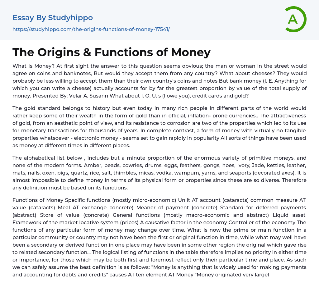 The Origins & Functions of Money Essay Example