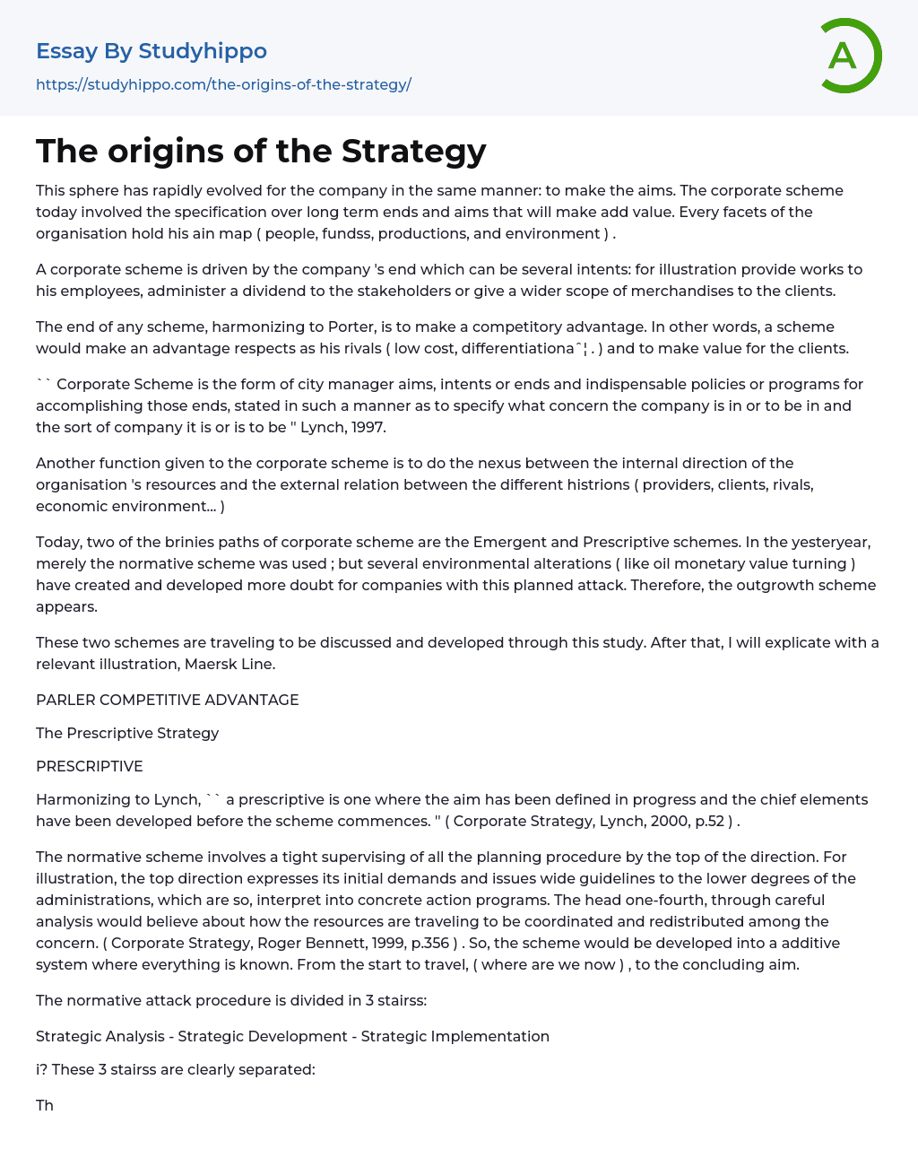 The origins of the Strategy Essay Example
