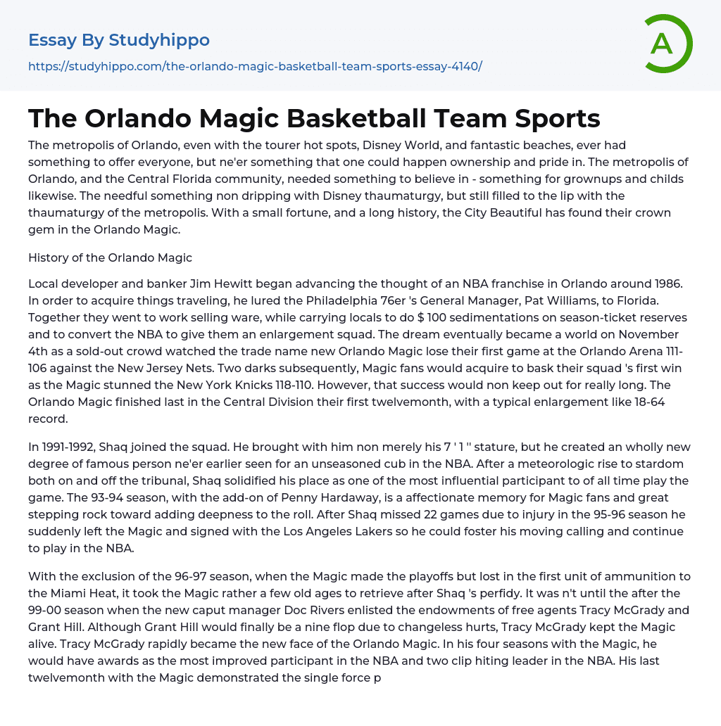 The Orlando Magic Basketball Team Sports Essay Example