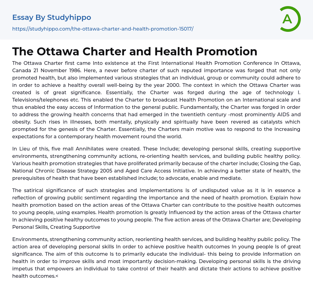 The Ottawa Charter and Health Promotion Essay Example