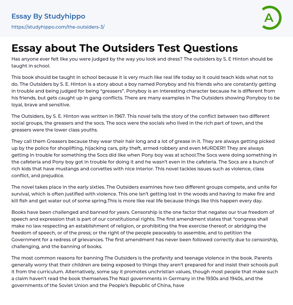 Essay about The Outsiders Test Questions