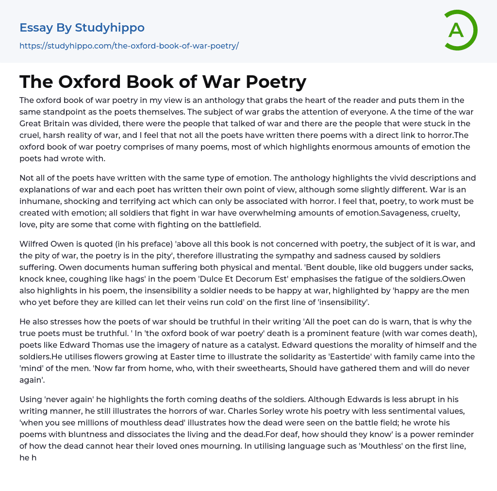 The Oxford Book of War Poetry Essay Example
