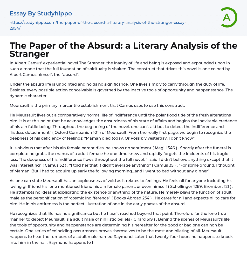 The Paper of the Absurd: a Literary Analysis of the Stranger Essay Example