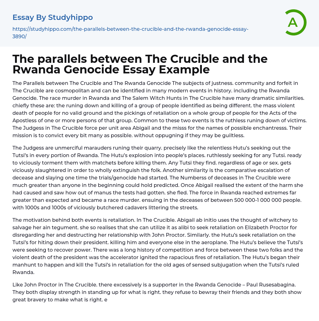 The parallels between The Crucible and the Rwanda Genocide Essay Example