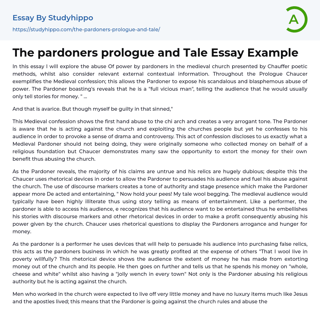 The pardoners prologue and Tale Essay Example