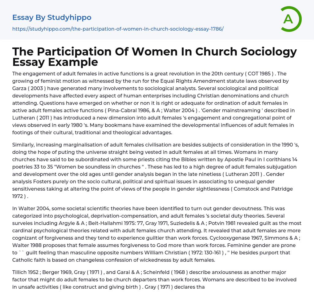 The Participation Of Women In Church Sociology Essay Example