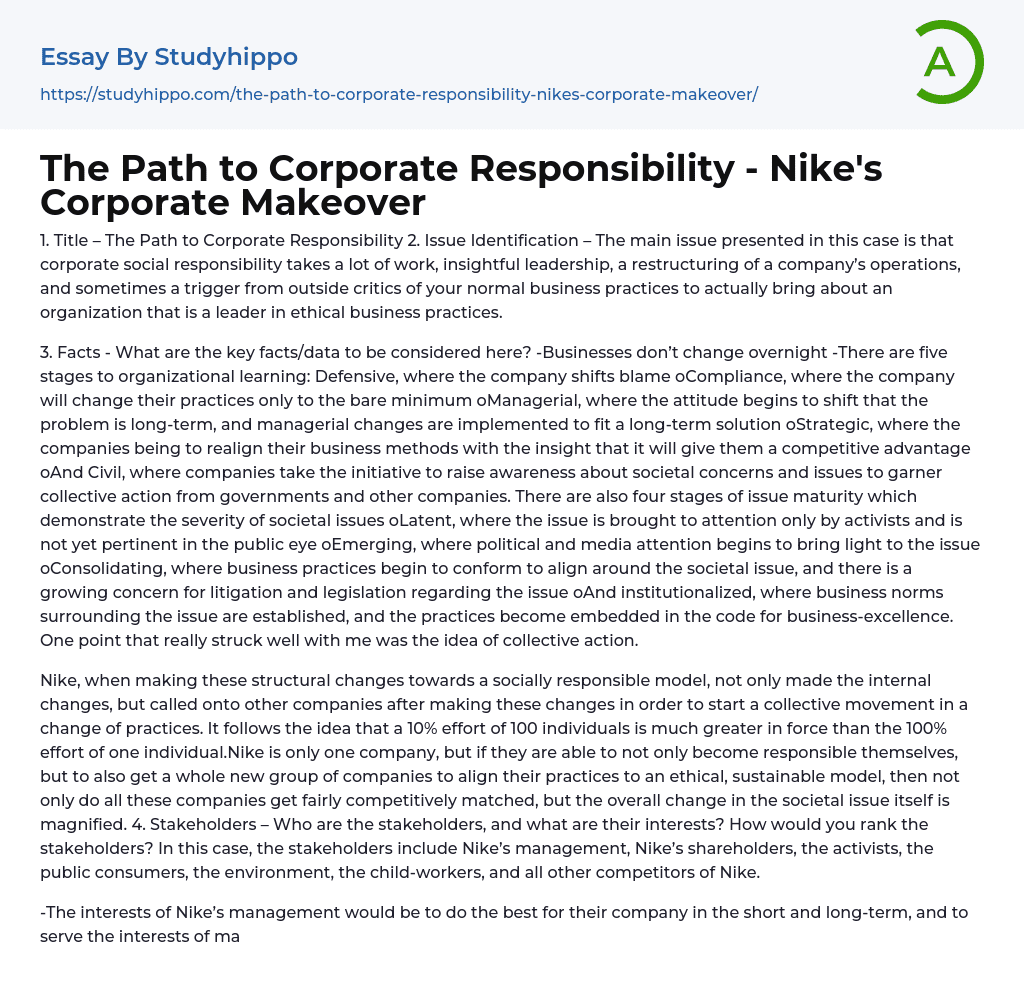 The Path to Corporate Responsibility – Nike’s Corporate Makeover Essay Example