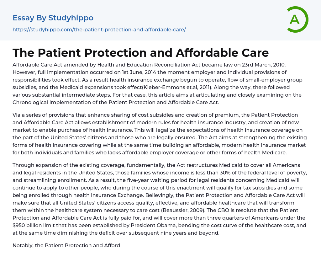 The Patient Protection and Affordable Care Essay Example