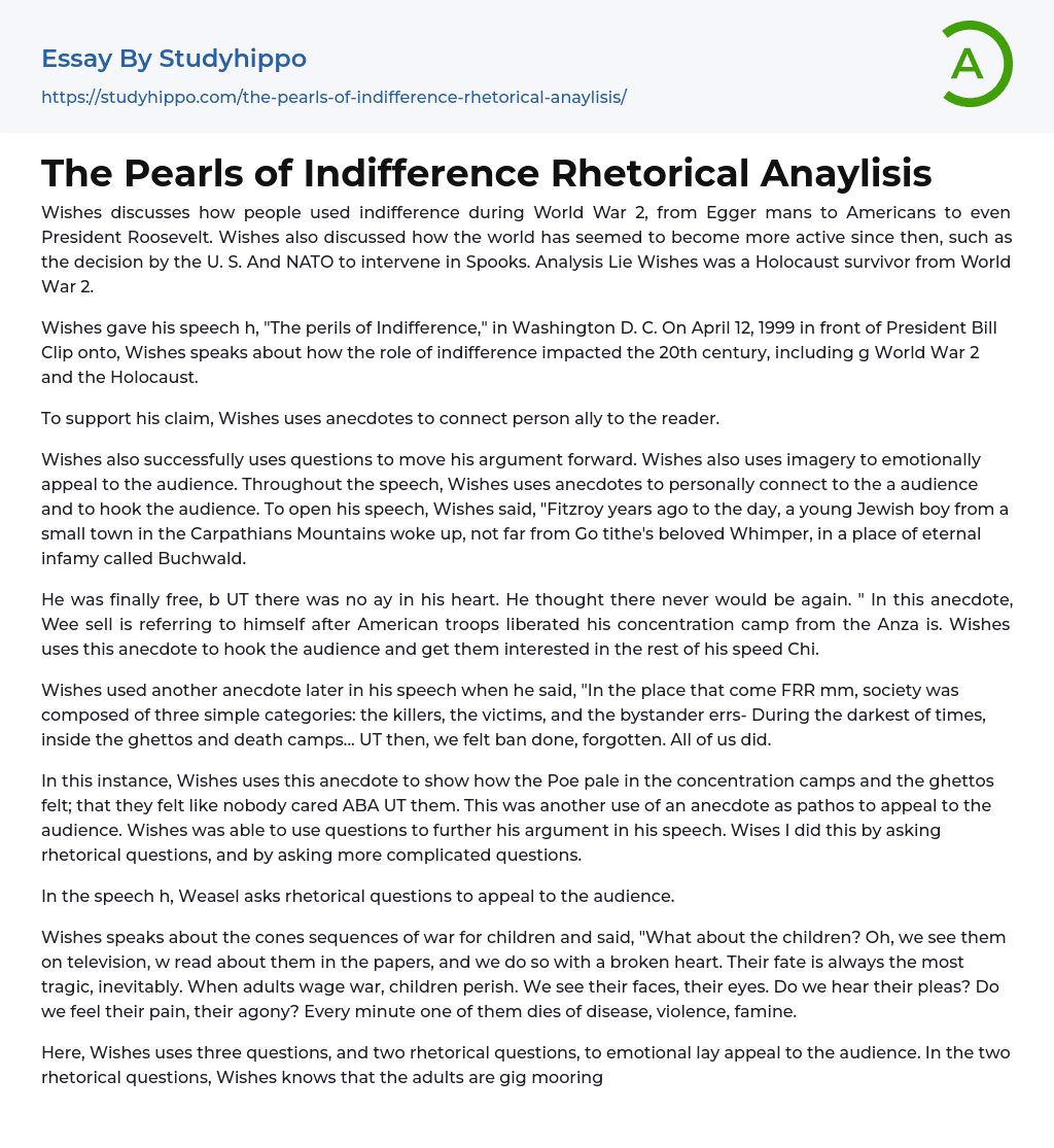 The Pearls of Indifference Rhetorical Anaylisis Essay Example