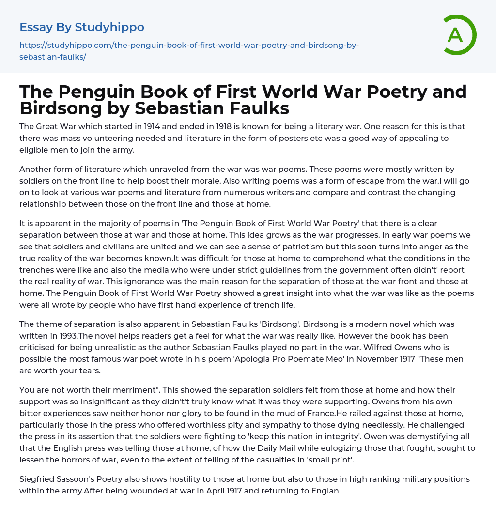 The Penguin Book of First World War Poetry and Birdsong by Sebastian Faulks Essay Example