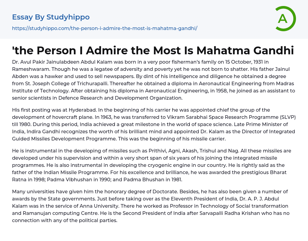 Person I Admire the Most Is Mahatma Gandhi Essay Example
