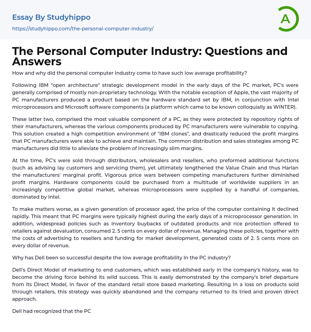 The Personal Computer Industry: Questions and Answers Essay Example