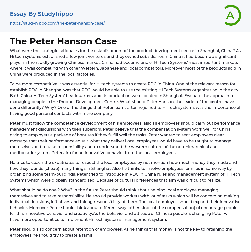 The Peter Hanson Case Essay Example