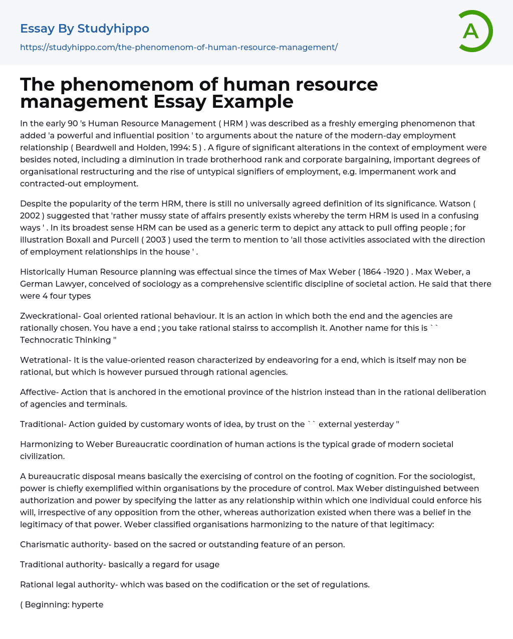 The phenomenom of human resource management Essay Example