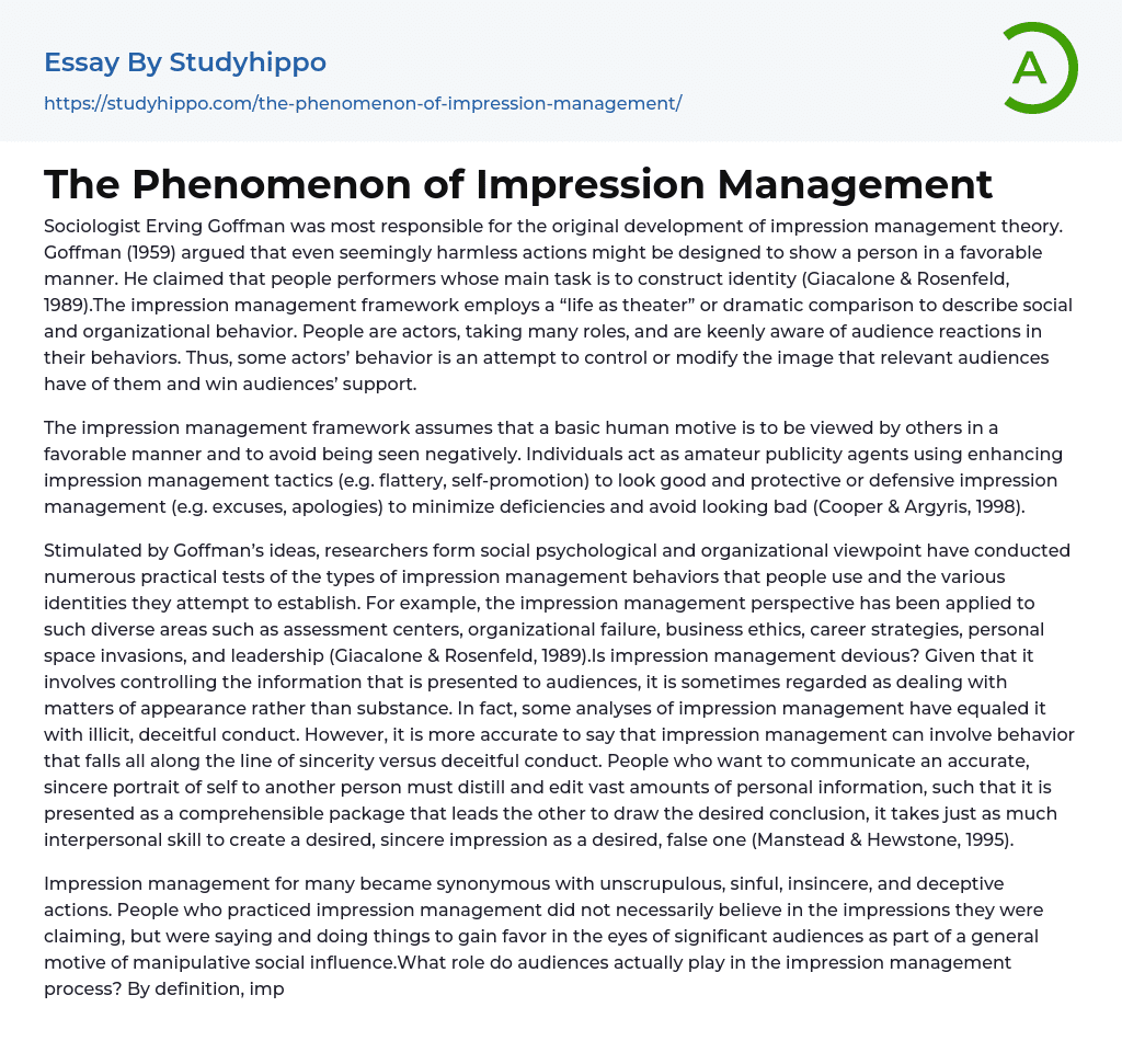 The Phenomenon of Impression Management Essay Example