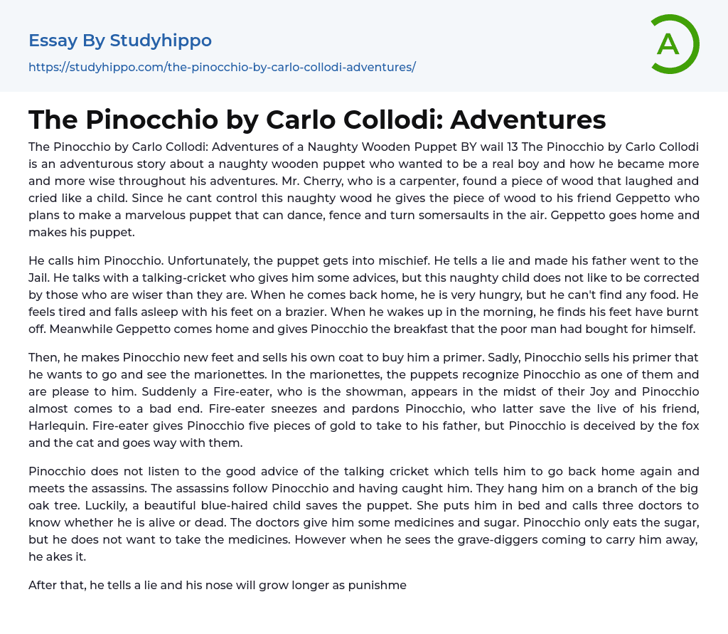 “The Pinocchio” by Carlo Collodi Essay Example