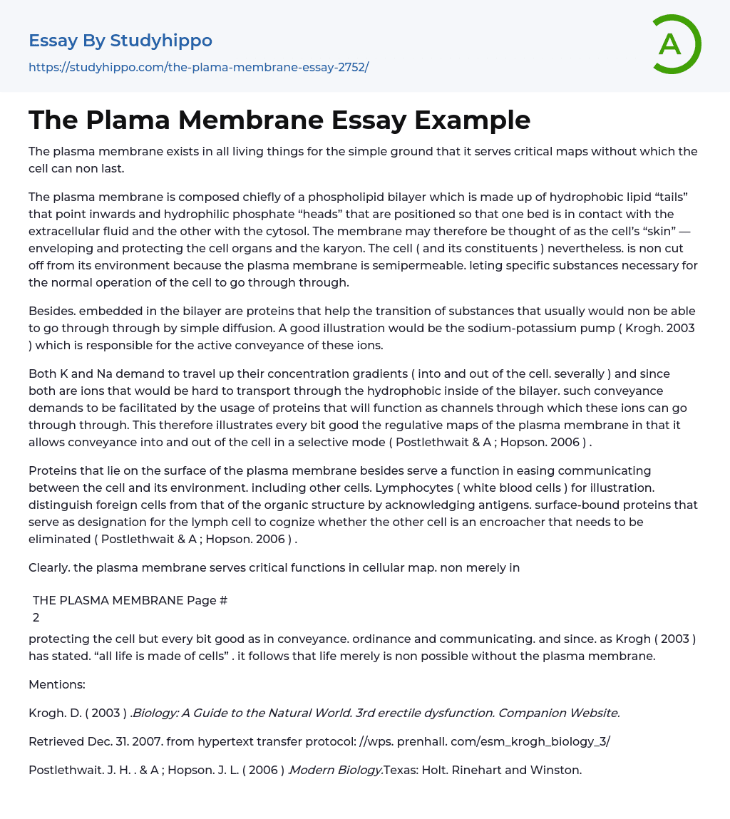 The Plama Membrane Essay Example
