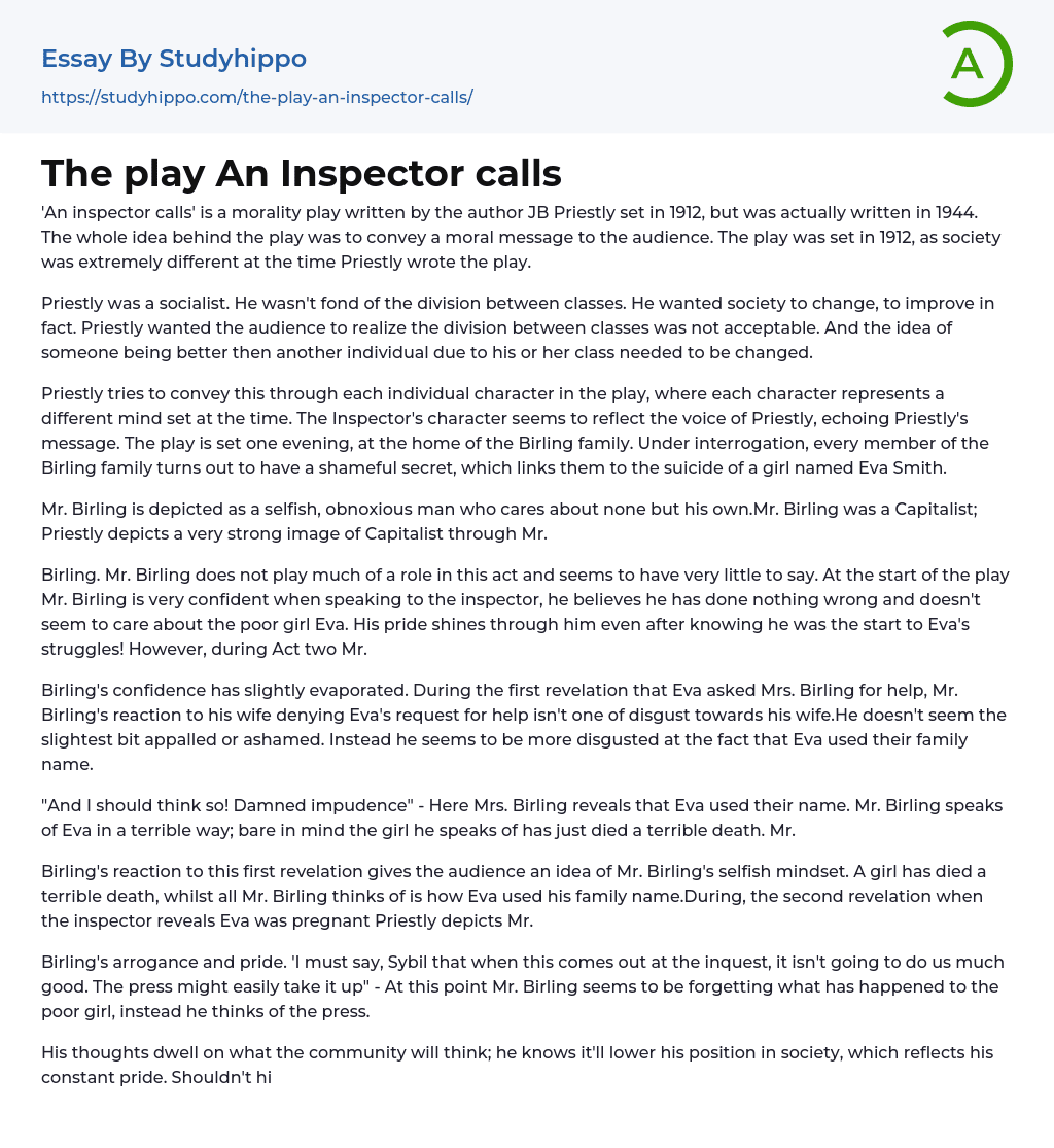 The play An Inspector calls Essay Example