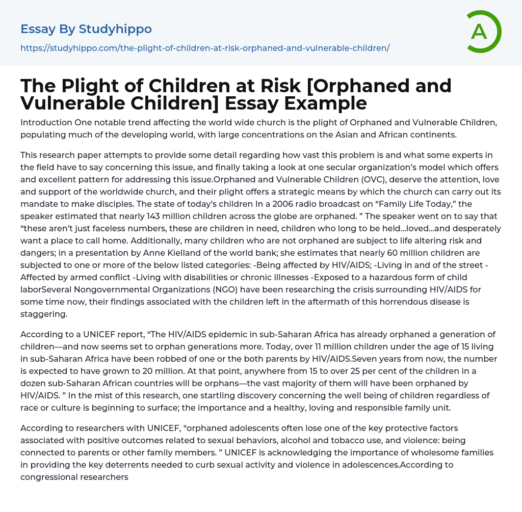 The Plight of Children at Risk [Orphaned and Vulnerable Children] Essay Example