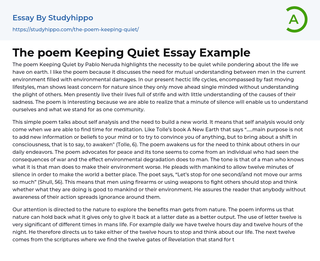 The poem Keeping Quiet Essay Example