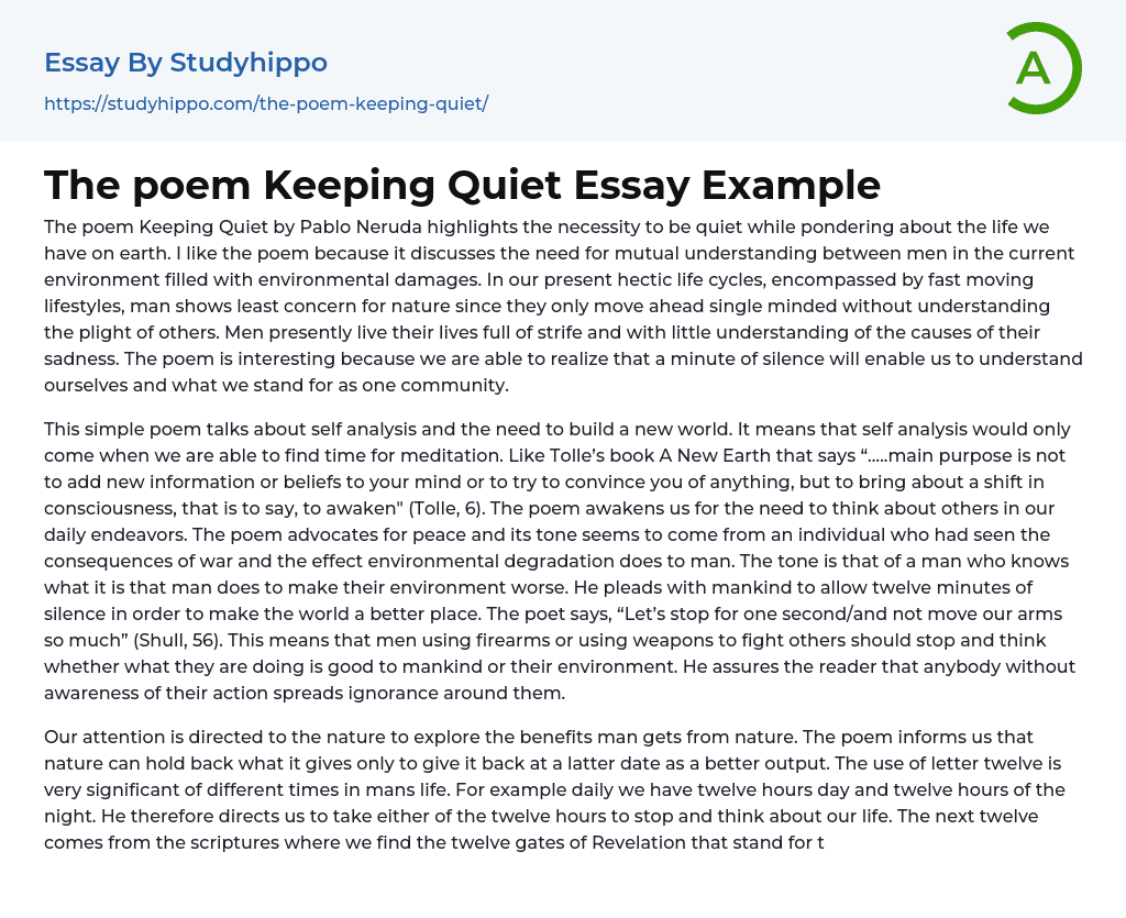 The Poem Keeping Quiet Essay Example StudyHippo