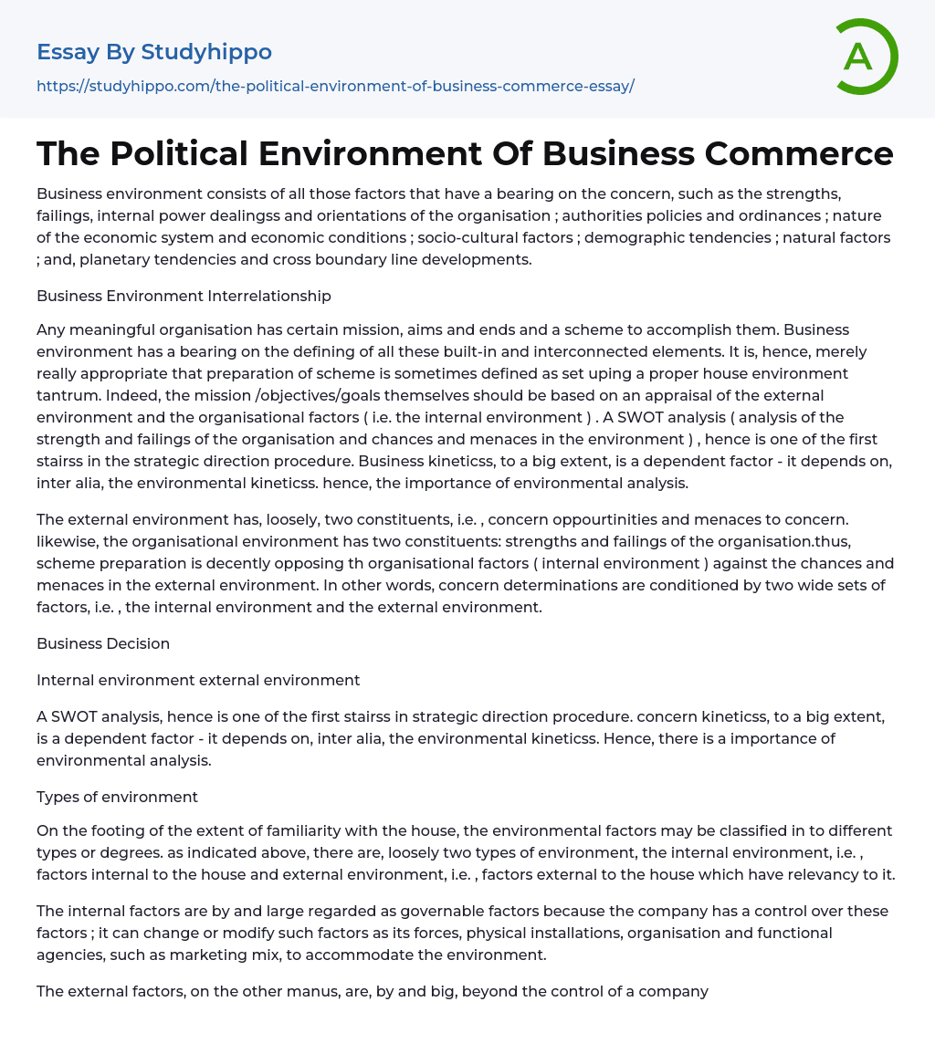 The Political Environment Of Business Commerce Essay Example