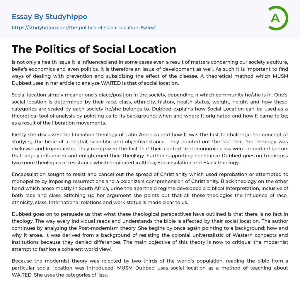 The Politics of Social Location Essay Example