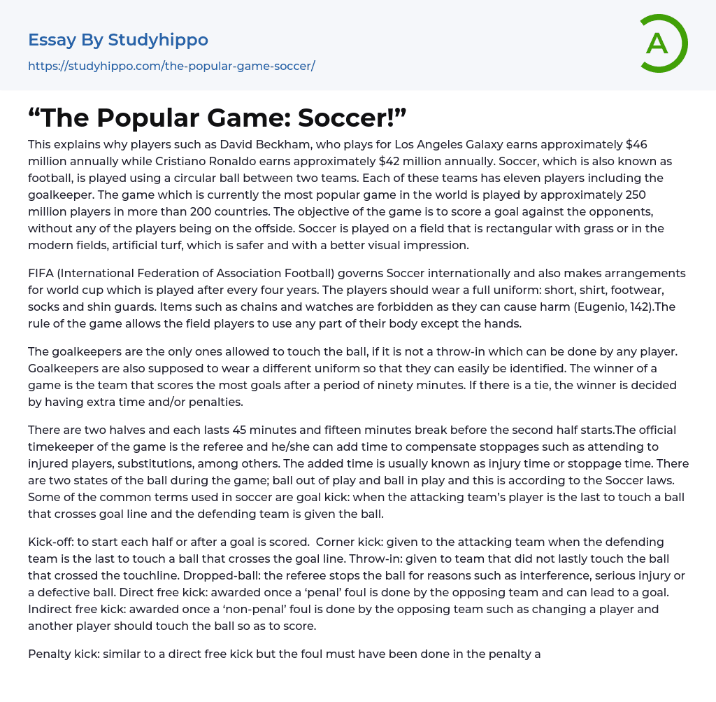 “The Popular Game: Soccer!” Essay Example