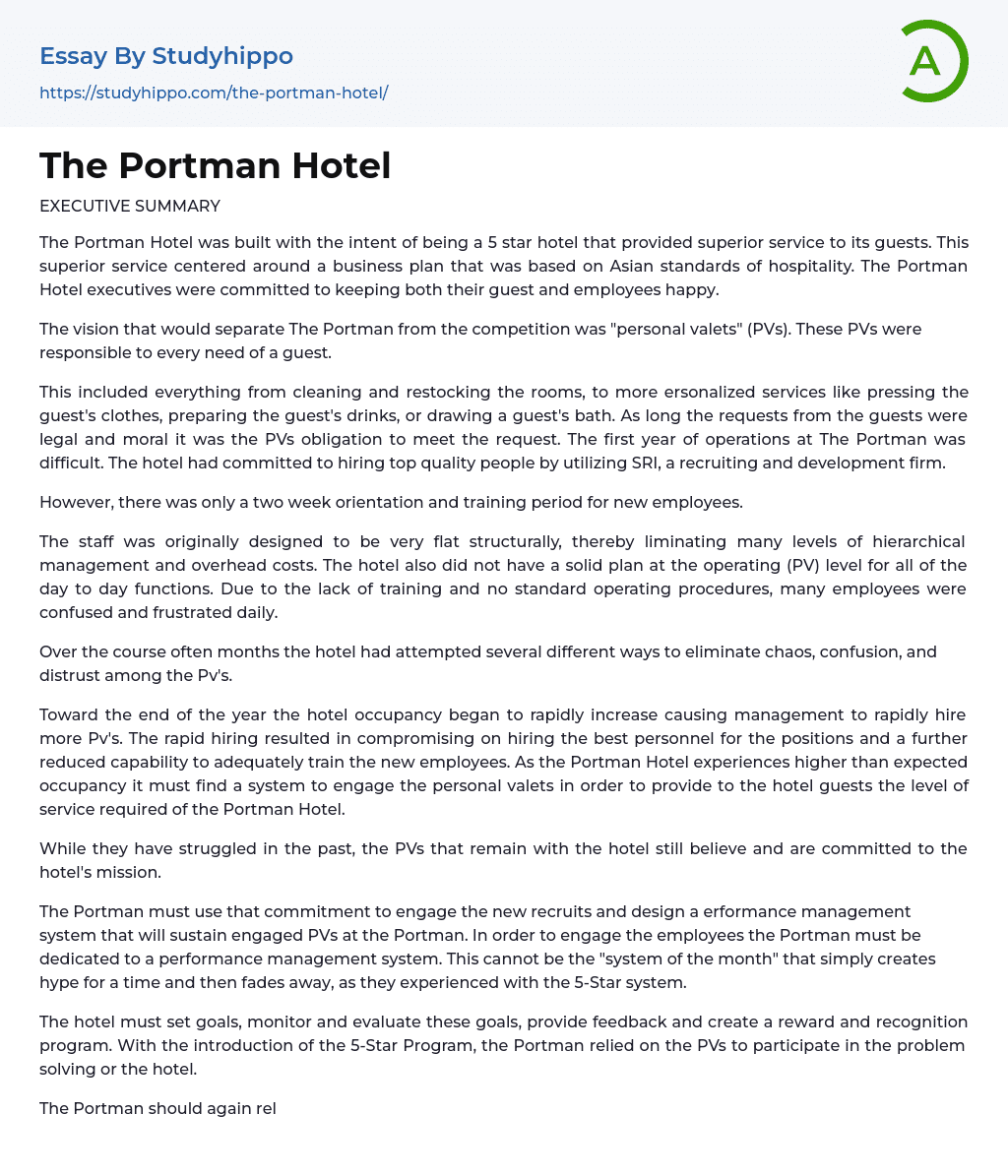 The Portman Hotel Essay Example