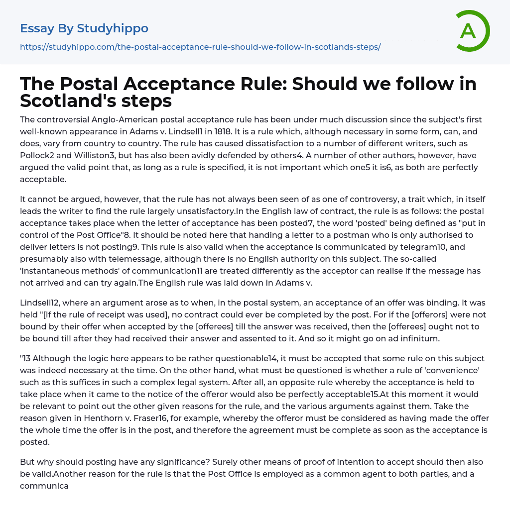 The Postal Acceptance Rule: Should we follow in Scotland’s steps Essay Example