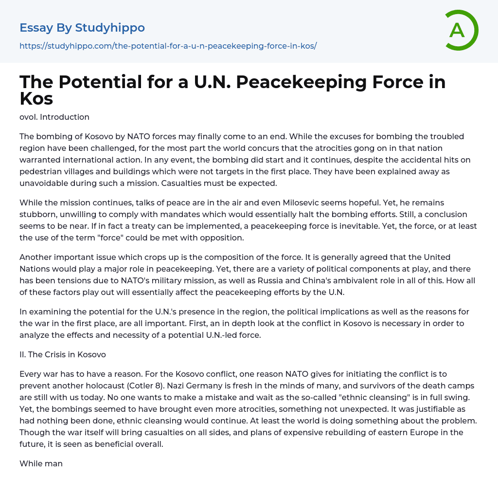 The Potential for a U.N. Peacekeeping Force in Kos Essay Example