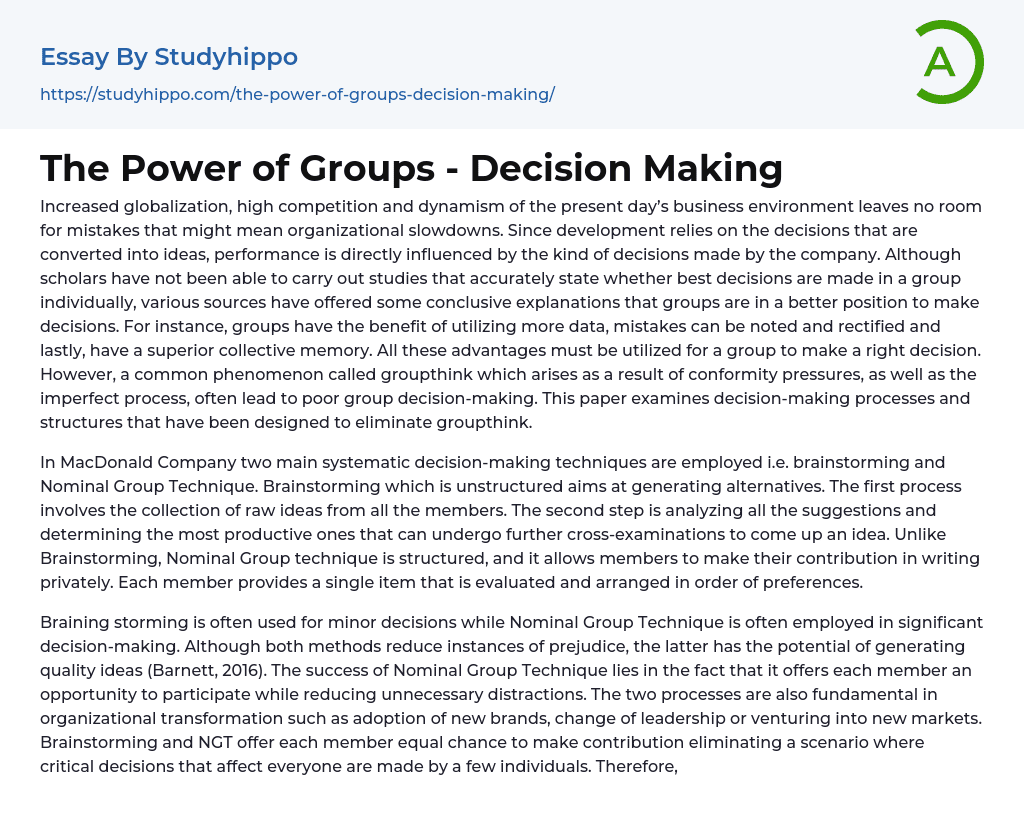 The Power of Groups – Decision Making Essay Example