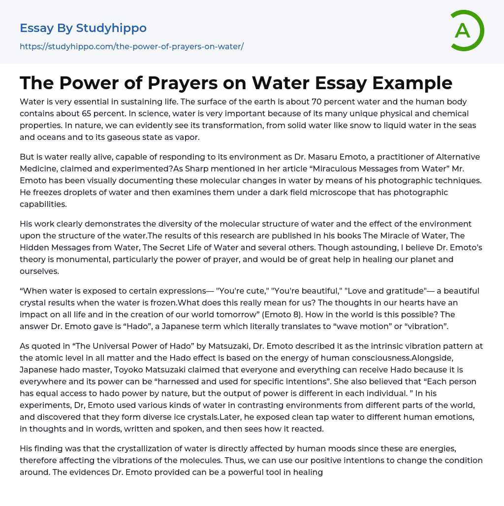 The Power of Prayers on Water Essay Example