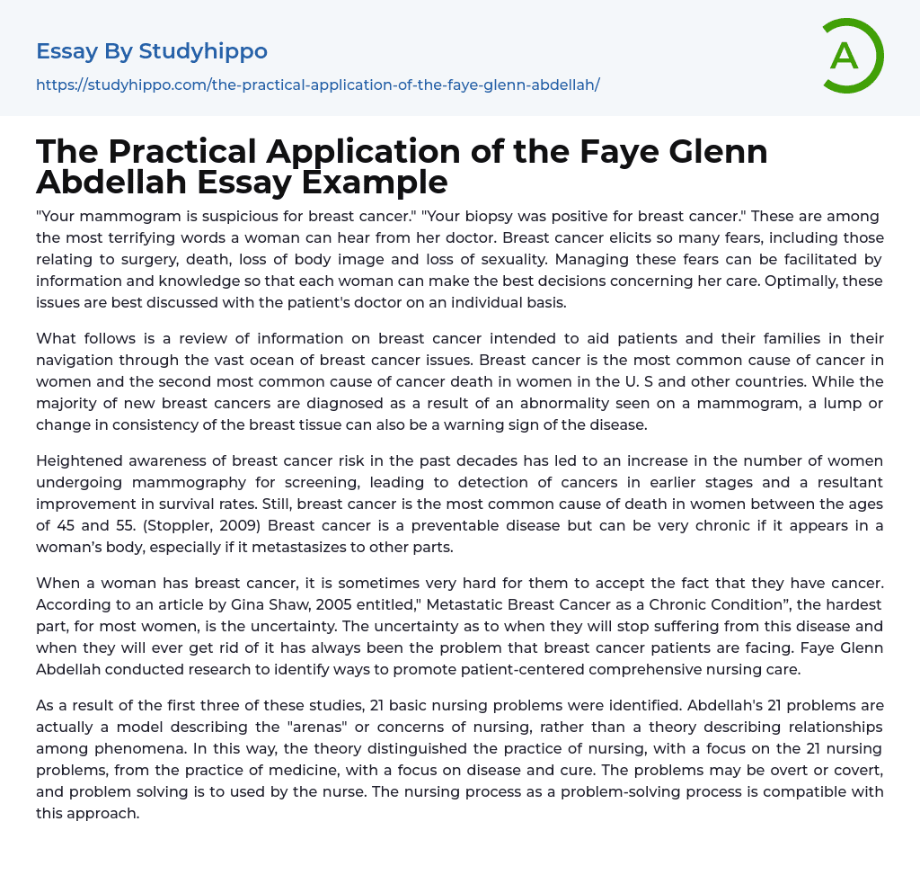 The Practical Application of the Faye Glenn Abdellah Essay Example