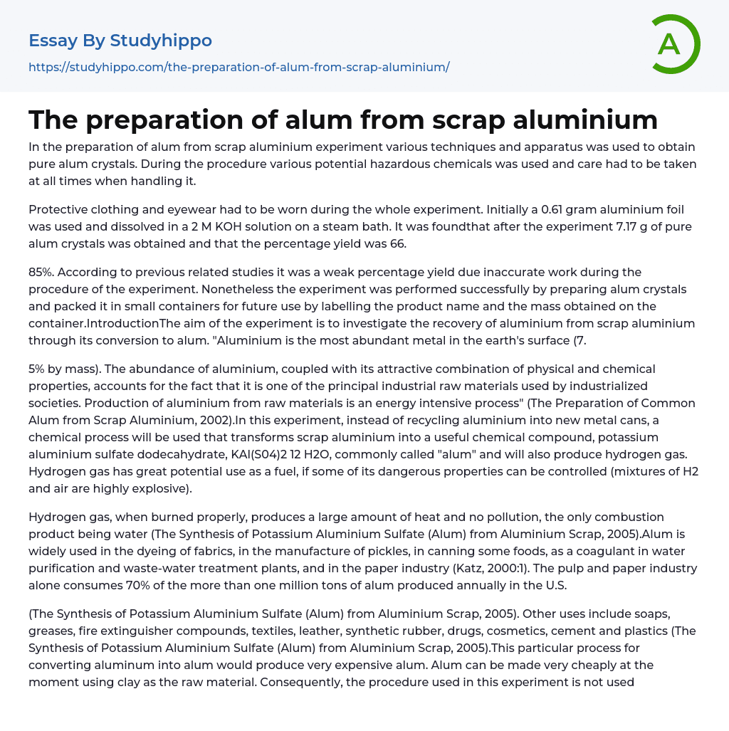 The preparation of alum from scrap aluminium Essay Example