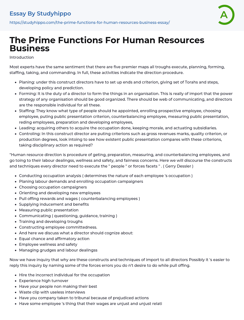The Prime Functions For Human Resources Business Essay Example