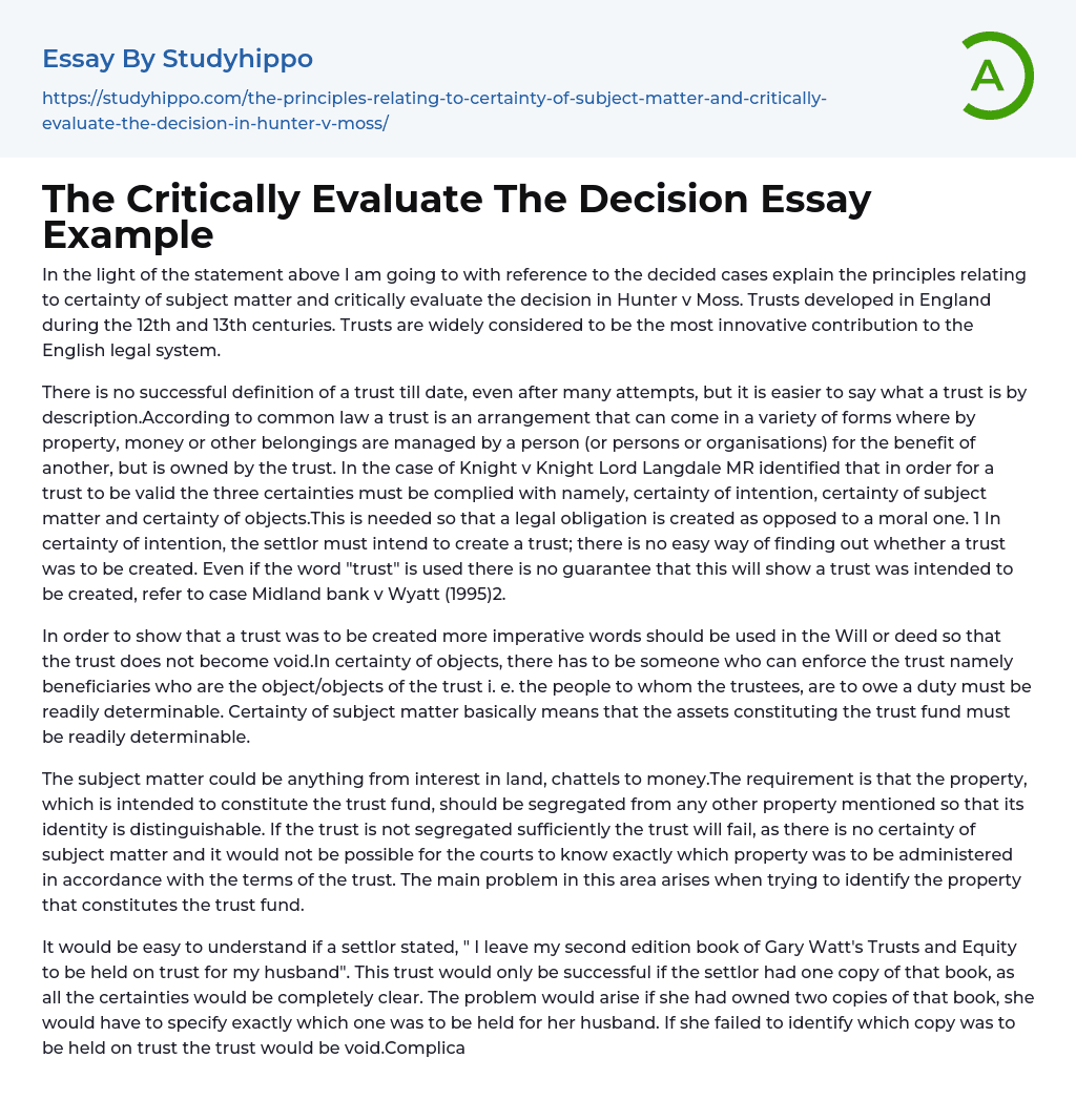 The Critically Evaluate The Decision Essay Example