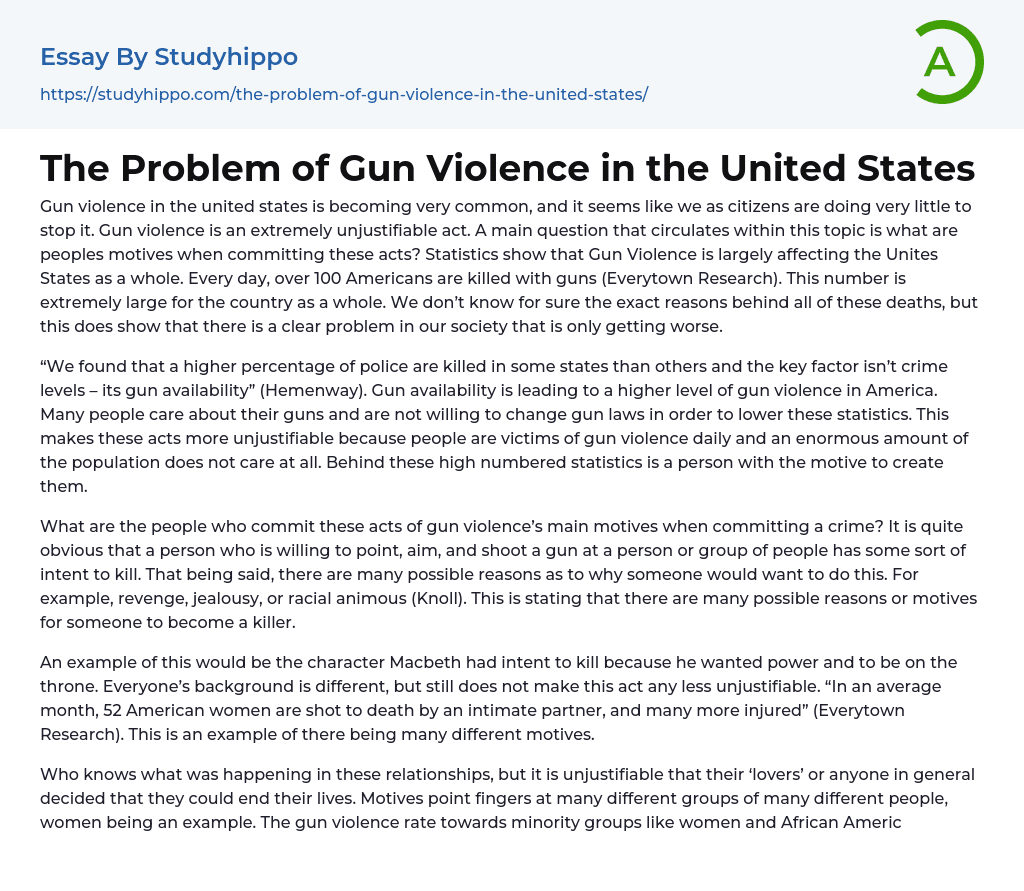 The Problem of Gun Violence in the United States Essay Example