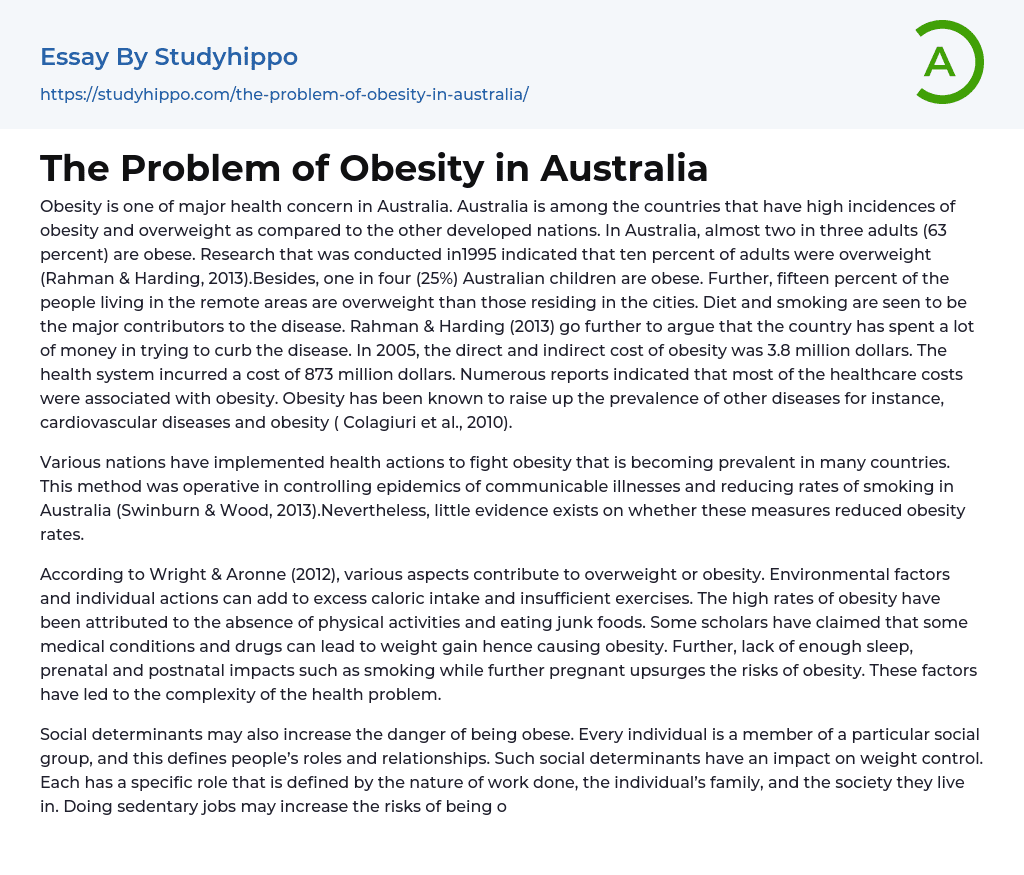 The Problem of Obesity in Australia Essay Example