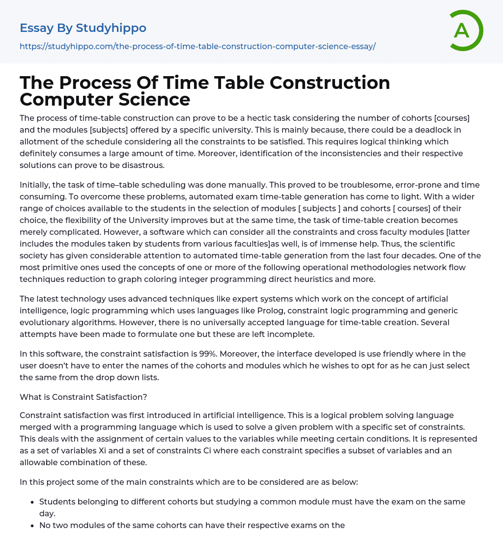 The Process Of Time Table Construction Computer Science Essay Example