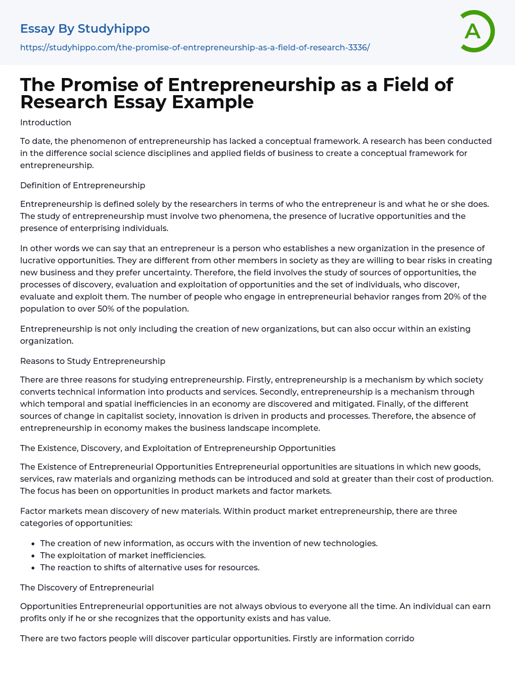 The Promise of Entrepreneurship as a Field of Research Essay Example