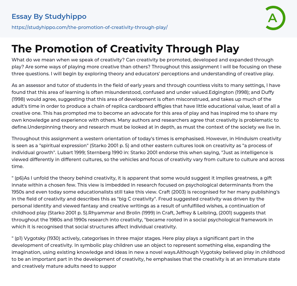 The Promotion of Creativity Through Play Essay Example