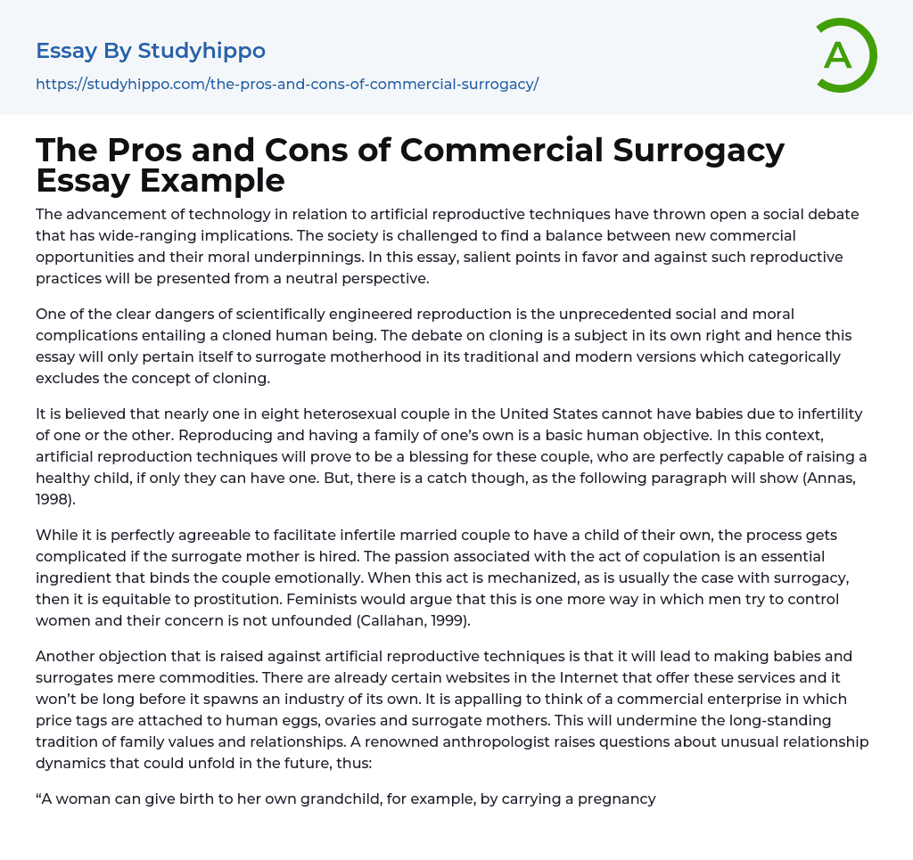 The Pros and Cons of Commercial Surrogacy Essay Example