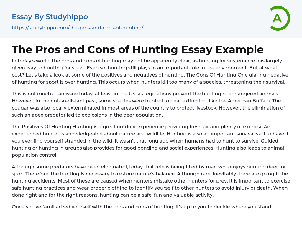 The Pros and Cons of Hunting Essay Example