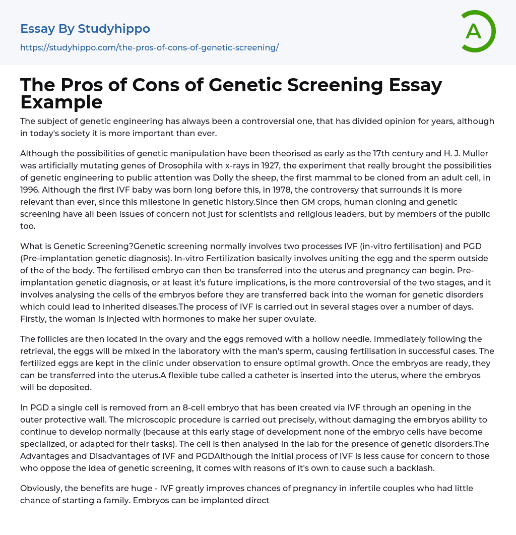 The Pros of Cons of Genetic Screening Essay Example